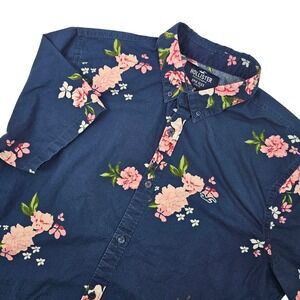 Hollister Mens Size M Epic Flex Stretch Shirt Blue Floral Button Up Short Sleeve